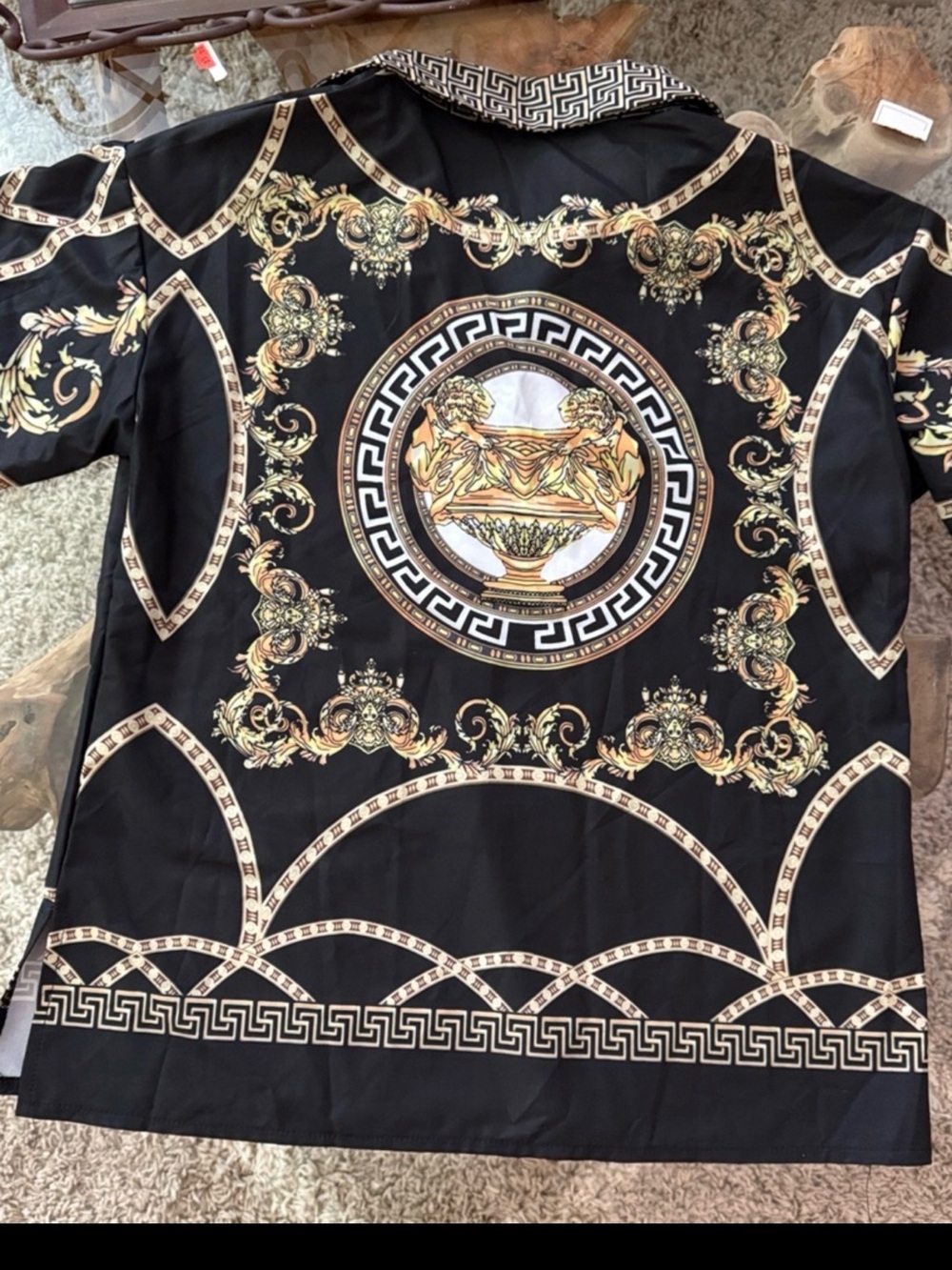 Baroque-Print Button-Up Shirt in Black and Gold